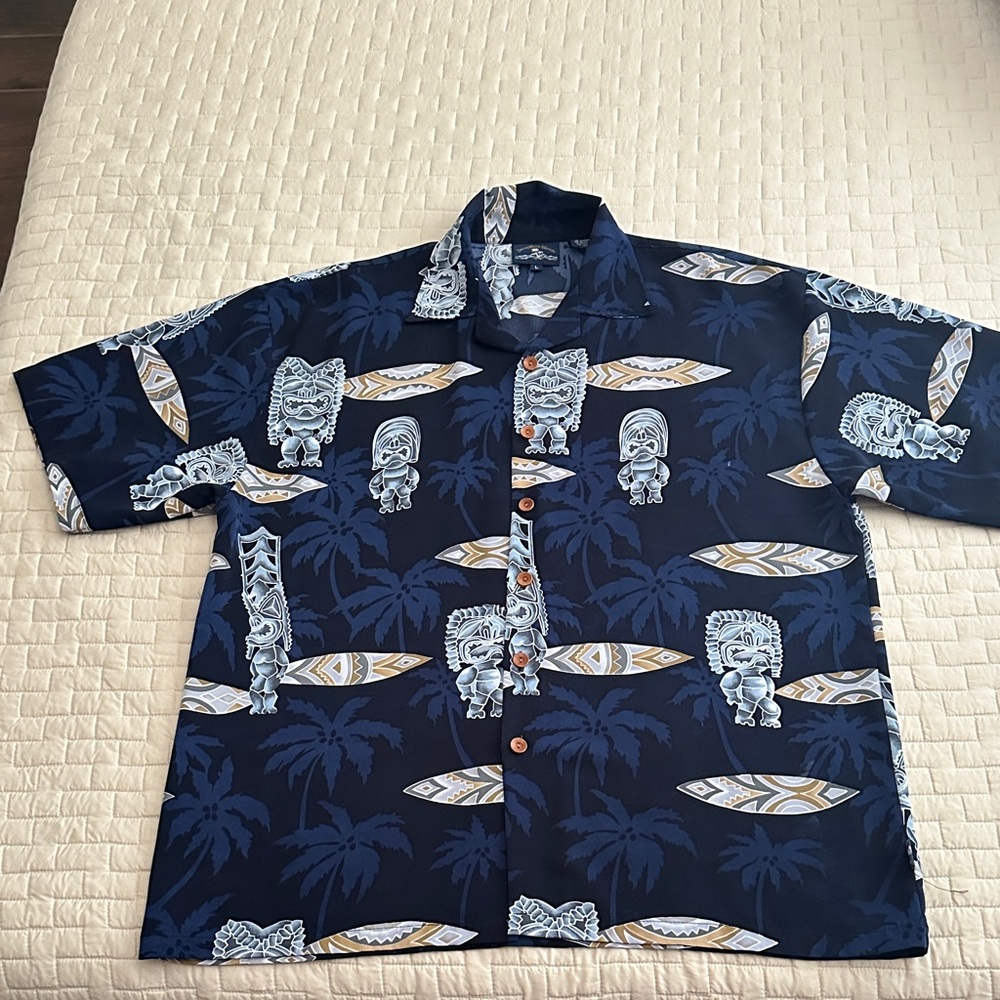 Navy Blue Hawaiian Tiki Print Men's Shirt